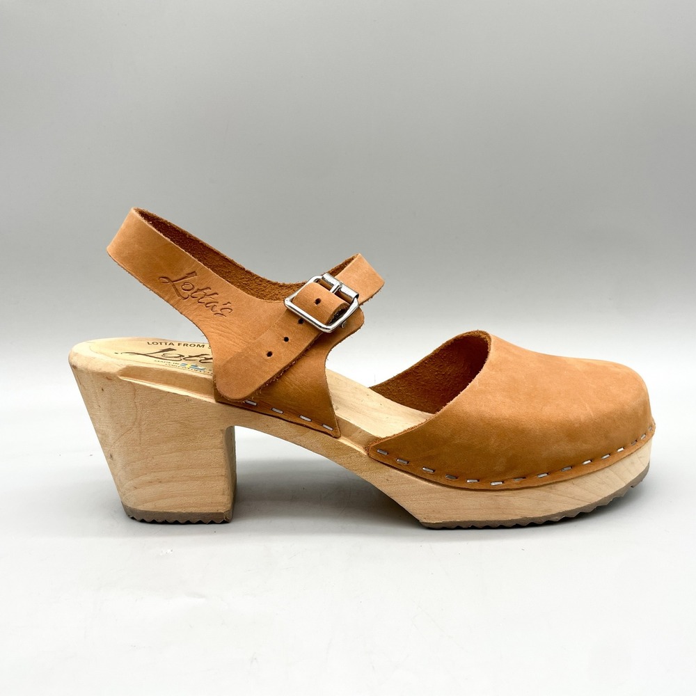 Lotta from Stockholm Womens 40 Swedish Clogs Tan Leather Wooden Heel Cottagecore